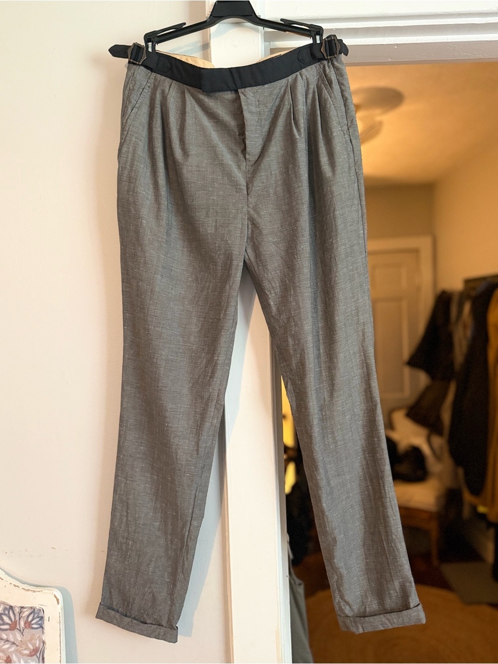 Rag & Bone Gray Wool Linen Blend Trousers Black Waistband Tailored Pants Size 4